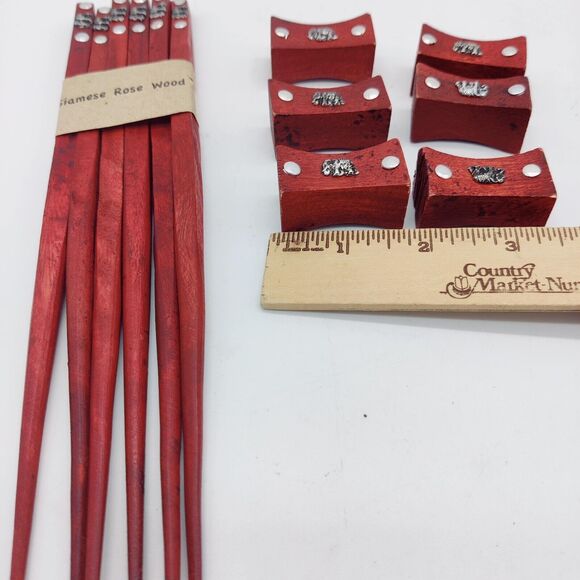 Hand Crafted Thailand Rose Wood Boxed Elephant Chopsticks Set Service For 6 - Picture 9 of 13